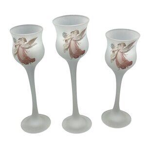 L. E. Smith Set of 3 Candle Votive Holders Baby & Angels Christmas Frosted Glass